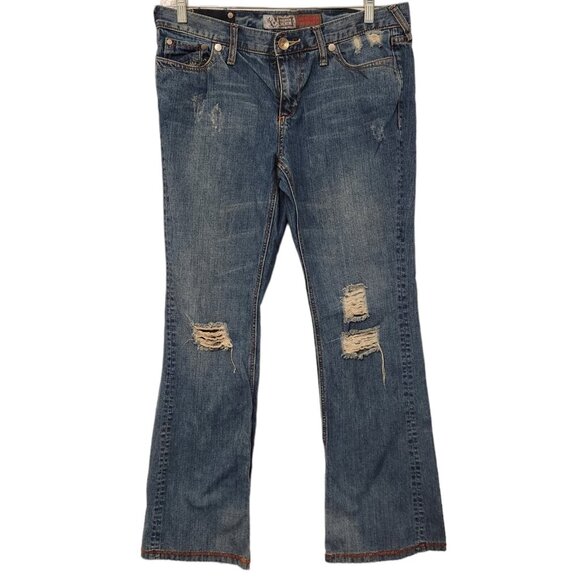 Mossimo Jeans Blue Denim Mid Rise Modern Boot Cut Distressed‎ Womens 15 34x32 - Picture 1 of 16